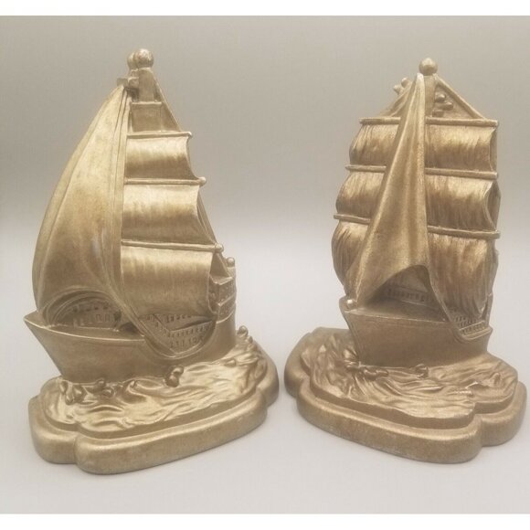 Spanish Galleon Clipper Ship Plaster Book Ends Nautical Beach House Pair Two - Picture 3 of 11